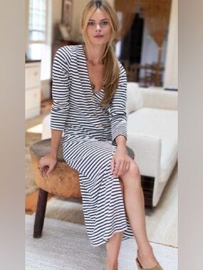 Emerson Fry Long V Neck Button Up Striped Maxi Dress Hemp Cotton Size Medium